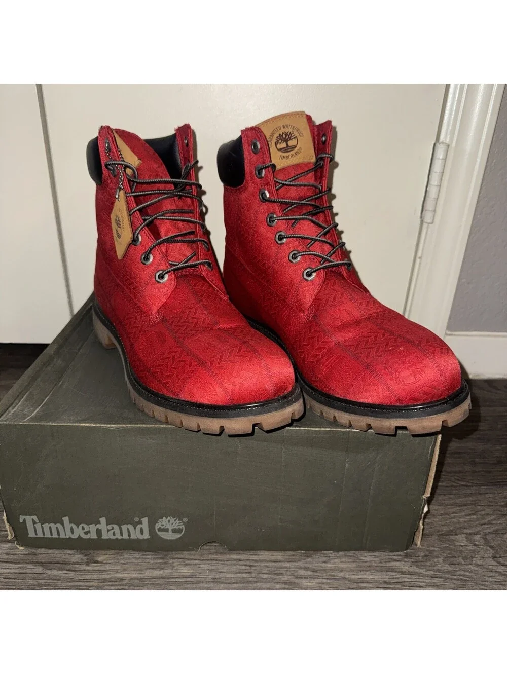Timberland Red Embossed Patch Fabric Logo Waterproof Boots Size 12/ EU 46